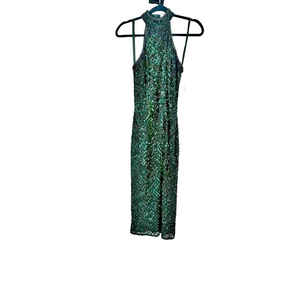 Mac Duggal Lattice Sequined Halter Midi Dress Bottle Green Size 2 NWT - Picture 7 of 11